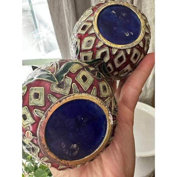 2 Vintage Cloisonné Enameled Pineapple Candlestick Holders Hollywood regency set - Picture 12 of 16